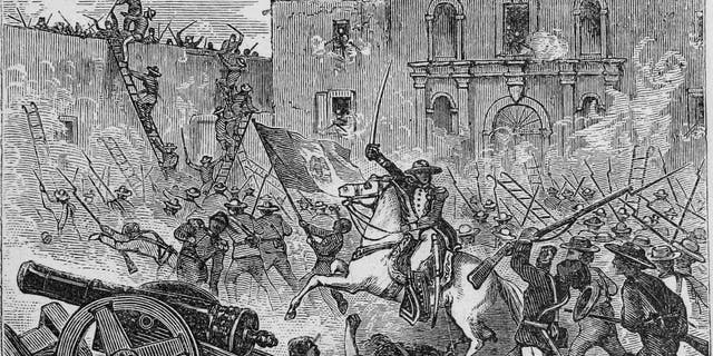Engraving of the siege of the Alamo, the first thirteen days of the Battle of the Alamo, from 'A Short History of Texas from the Earliest Settlement to Which the State Constitution Was Attached' by De Witt Clinton Baker, 1873. Courtesy Internet Archive .