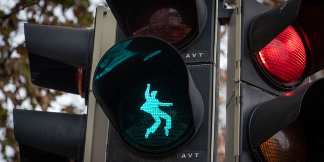 A little traffic light man in the shape of a dancing Elvis Presley lights up at a pedestrian traffic light at Elvis Presley Square in Friedberg, Germany. The "king of rock ‘n’ roll" served in Friedberg from October 1958 to March 1960 as a soldier in the U.S. Armed Forces. 