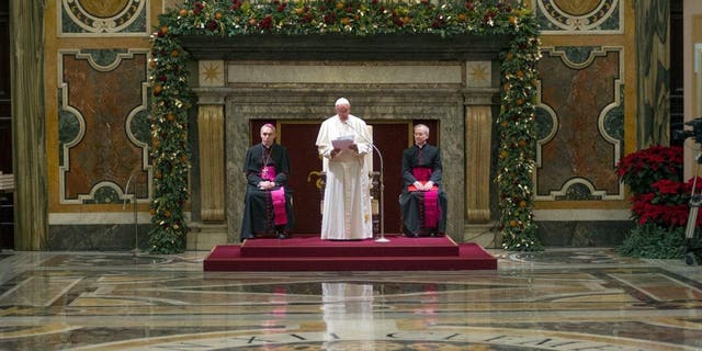 Pope Francis exchanges Christmas greetings with the Roman Curia in the Clementina Hall.  21st, 2018, in Vatican City, Vatican.