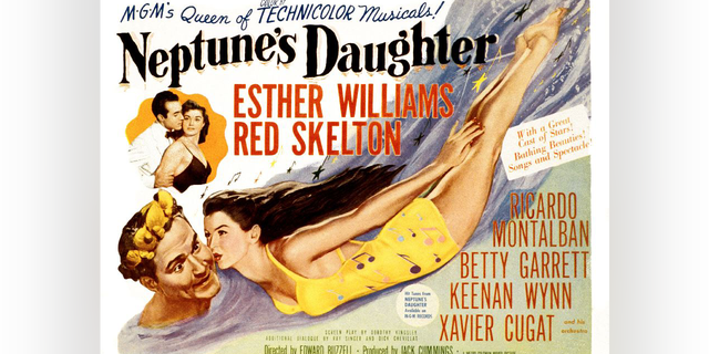 Left to right: This 1949 lobby card of the romantic comedy musical 'Neptune's Daughter' depicts actor Ricardo Montalbán (José O'Rourke) next to actress Esther Williams (Eve Barrett), and actor Red Skelton (Jack Spratt) next to actress Betty Garrett (Betty Barrett).