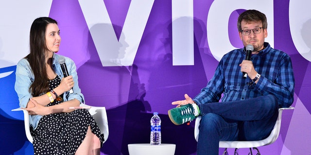 Taylor Lorenz and John Green attend VidCon 2019 at Anaheim Convention Center on July 13, 2019, in Anaheim, California. 