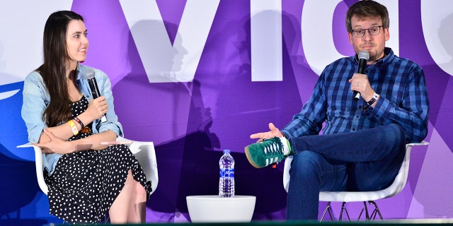 Taylor Lorenz and John Green attend VidCon 2019 at Anaheim Convention Center on July 13, 2019, in Anaheim, California. 