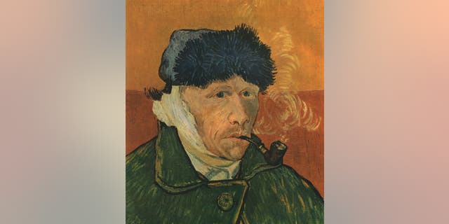 "Self-Portrait with Bandaged Ear and Pipe, February 1889" (1947). Van Gogh (1853-1890) cut off his ear with a razor during one of his periods of mental illness. Painting in a private collection. From "Vincent Van Gogh," by Ludwig Goldscheider and Wilhelm Uhde (Phaidon Press Ltd, Oxford and London, 1947). Artist Vincent van Gogh. 