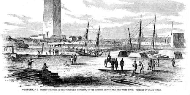 Illustration depicts the construction of the Washington Monument, "on the baseball ground, near the White House" (according to the caption) in Washington, D.C., circa 1875. 