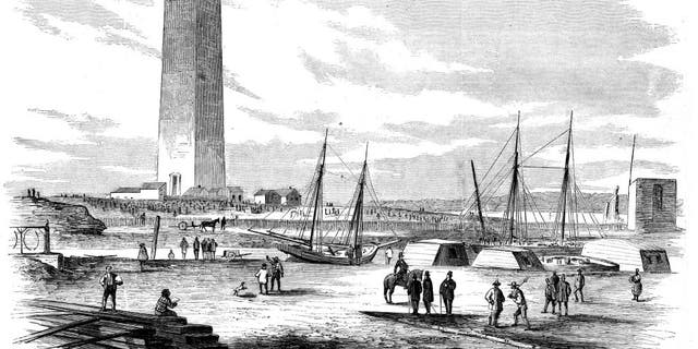 Illustration depicts the construction of the Washington Monument, "on the baseball ground, near the White House" (according to the caption) in Washington, D.C., circa 1875.