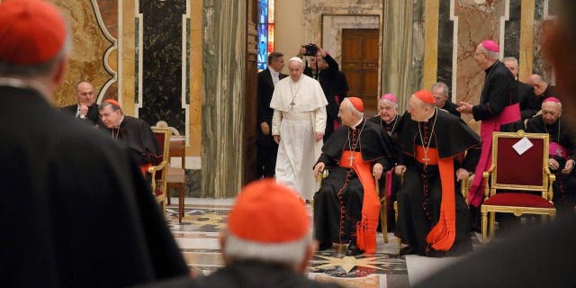 Pope Francis attends the annual Christmas greetings with the Roman curia at the Clementina Hall on Dec. 21, 2019, in Vatican City.
