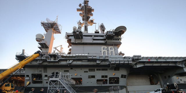 The USS Nimitz (CVN 68) aircraft carrier prepares to depart on Jan. 18, 2020, in Coronado, California.