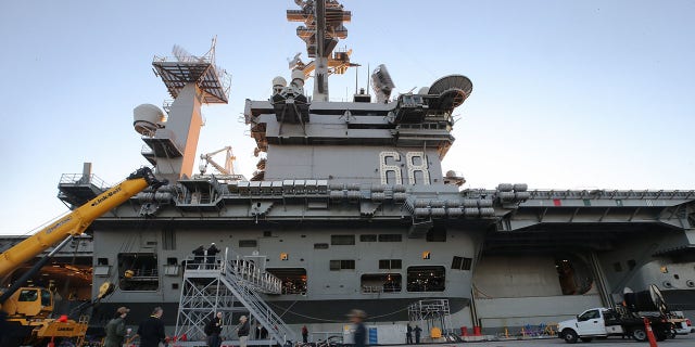 The USS Nimitz (CVN 68) aircraft carrier prepares to depart on Jan. 18, 2020, in Coronado, California.