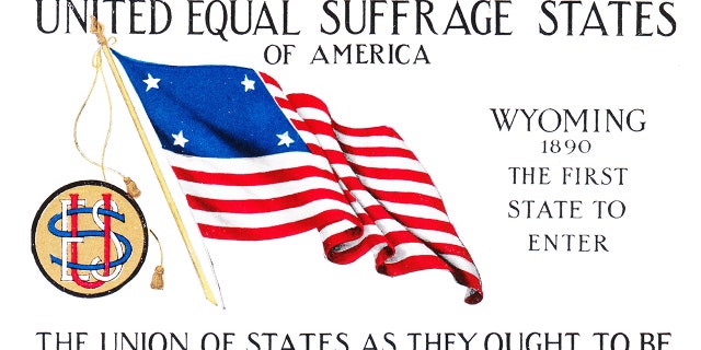Suffrage postcard, with a four-starred American flag, celebrating Wyoming as the first of four states to grant women full voting rights, endorsed by the National Woman's Suffrage Association, published by the Cargill Company, Grand Rapids, Michigan, 1910.