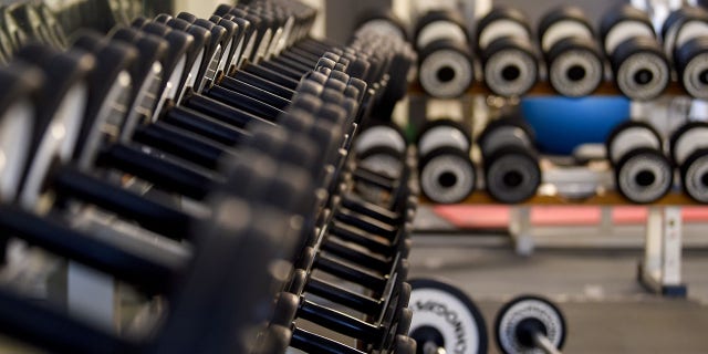In the FHC gym, dumbbells and other weights sit on a shelf.