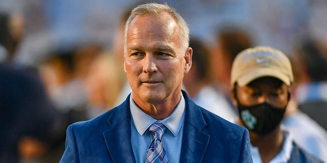 Former college football coach and current ACC Network football analyst Mark Richt during the NCAA football game between the Virginia Cavaliers and the North Carolina Tar Heels on September 18th, 2021 at Kenan Memorial Stadium in Chapel Hill, North Carolina.
