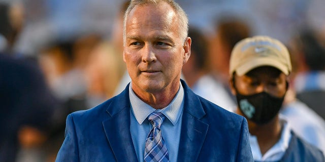 Former college football coach and current ACC Network football analyst Mark Richt during the NCAA football game between the Virginia Cavaliers and the North Carolina Tar Heels on September 18th, 2021 at Kenan Memorial Stadium in Chapel Hill, North Carolina.