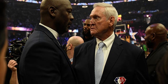 NBA legends Michael Jordan, left, and Jerry West talk during the 71st NBA All-Star Game as part of 2022 NBA All Star Weekend on Feb. 20, 2022 at Wolstein Center in Cleveland.