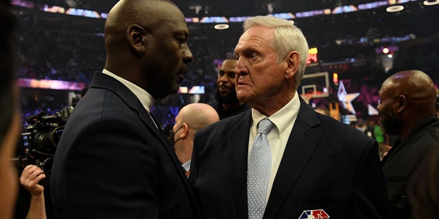 NBA legends Michael Jordan, left, and Jerry West talk during the 71st NBA All-Star Game as part of 2022 NBA All Star Weekend on Feb. 20, 2022 at Wolstein Center in Cleveland.