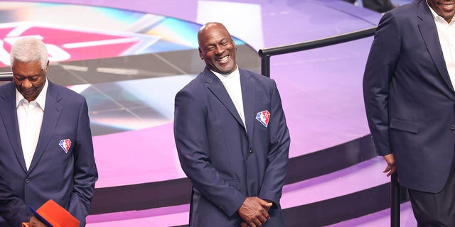 Michael Jordan, of the 75th Anniversary Team, smiles during the 2022 NBA All-Star Game as part of 2022 NBA All Star Weekend on Feb. 20, 2022 at Rocket Mortgage FieldHouse in Cleveland.