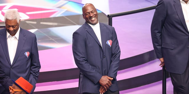 Michael Jordan, of the 75th Anniversary Team, smiles during the 2022 NBA All-Star Game as part of 2022 NBA All Star Weekend on Feb. 20, 2022 at Rocket Mortgage FieldHouse in Cleveland.