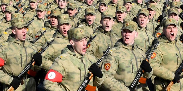 Russian military cadets take part in a rehearsal for the Victory Day military parade in Saint Petersburg on April 28, 2022.