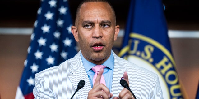 Rep. Hakeem Jeffries, DN.Y., conducts a news conference after a meeting of the House Democratic Caucus in the Capitol Visitor Center on July 13, 2022.