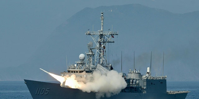 The Taiwanese navy launches a standard US-made missile from a frigate during the annual Han Kuang Seaside Exercise near Suao Navy Port in Yilan county, July 26, 2022. 