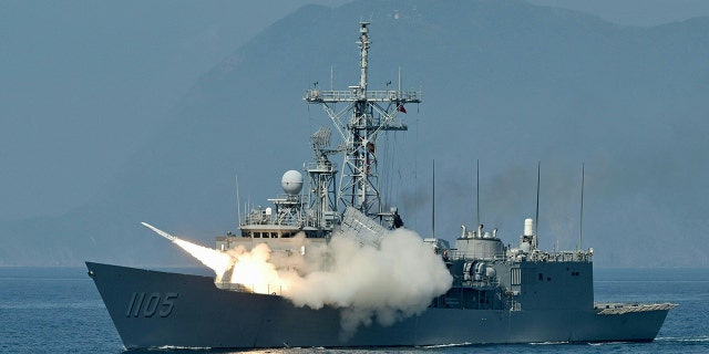 The Taiwanese navy launches a U.S.-made standard missile from a frigate during the annual Han Kuang drill on the sea near the Suao navy harbor in Yilan County July 26, 2022. 