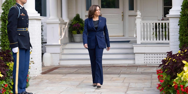 Vice President Kamala Harris outside her residence at the US Naval Observatory in Washington, DC, on Sept.  16, 2022.