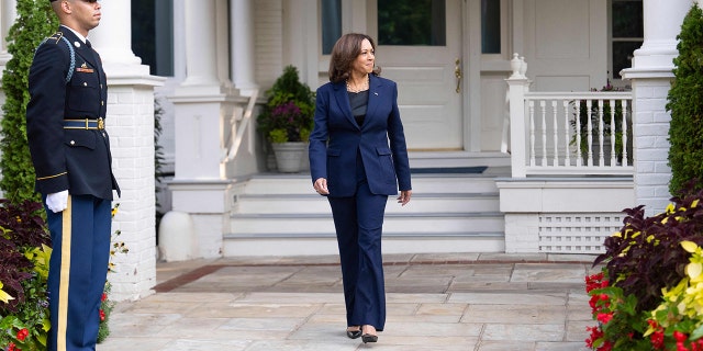 US Vice President Kamala Harris outside her residence at the US Naval Observatory in Washington, DC, on September 16, 2022. 