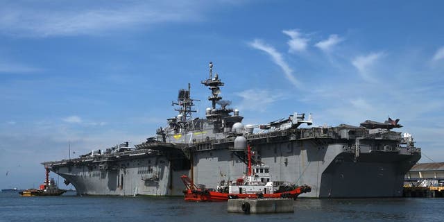 The US Navys USS Tripoli (LHA-7) amphibious assault ship is seen during a port call at the Port Area in Manila on September 27, 2022.