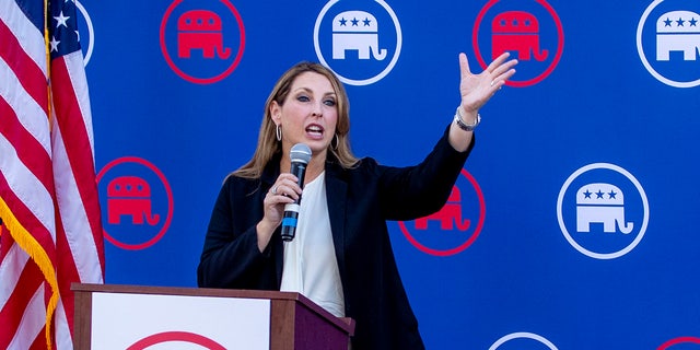 Republican National Committee Chair Ronna McDaniel speaks at a rally ahead of the 2022 midterm elections in Newport Beach, Calif., Sept. 26, 2022.  