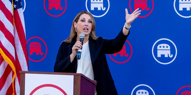 Republican National Committee Chair Ronna McDaniel speaks at a rally ahead of the 2022 midterm elections in Newport Beach, Calif., Sept. 26, 2022.  