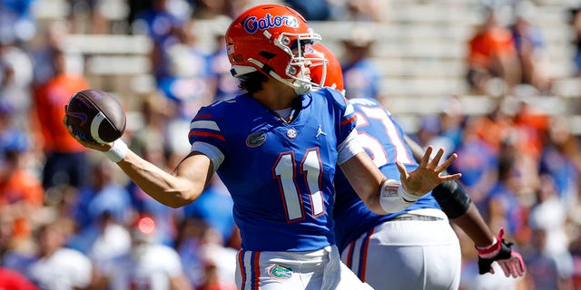 Florida Gators quarterback Jalen Kitna (11) throws a pass during a game against the Eastern Washington Eagles Oct. 2, 2022, at Ben Hill Griffin Stadium at Florida Field in Gainesville, Fla. 