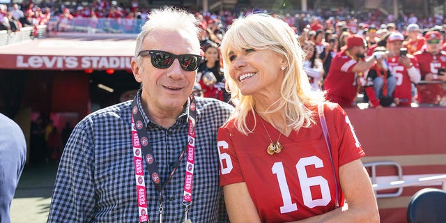 San Francisco 49ers legend Joe Montana and his wife, Jennifer Wallace, before the NFL professional football game between the Kansas City Chiefs and San Francisco 49ers on Oct. 23, 2022 at Levis Stadium in Santa Clara, California.