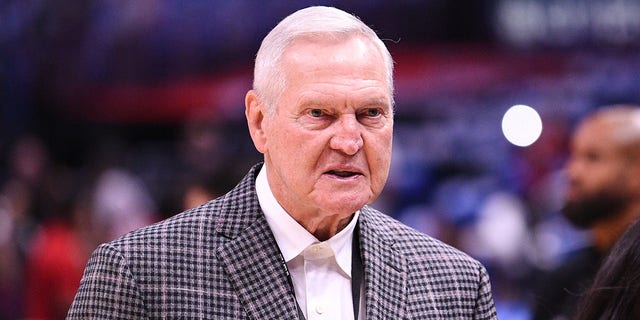 Jerry West looks on before an NBA game between the Phoenix Suns and the Los Angeles Clippers on Oct. 23, 2022 at Crypto.com Arena in Los Angeles.