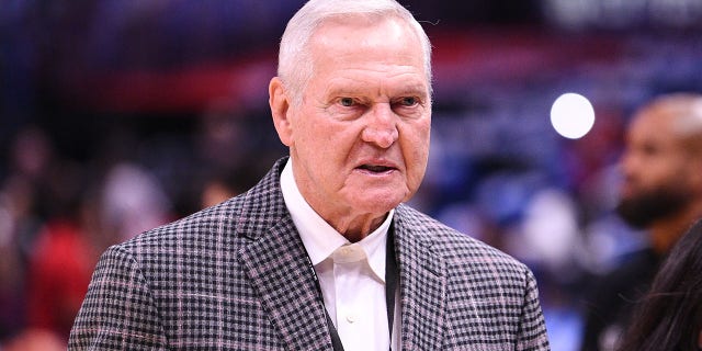 Jerry West looks on before an NBA game between the Phoenix Suns and the Los Angeles Clippers on Oct. 23, 2022 at Crypto.com Arena in Los Angeles.