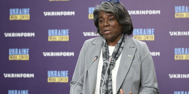 Linda Thomas-Greenfield talks at the Ukrinform Ukrainian National News Agency