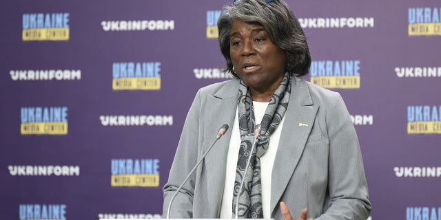 United States Representative to the United Nations, Ambassador Linda Thomas-Greenfield holds a briefing at Ukrainform Ukrainian National News Agency in the Ukrainian capital Kyiv.