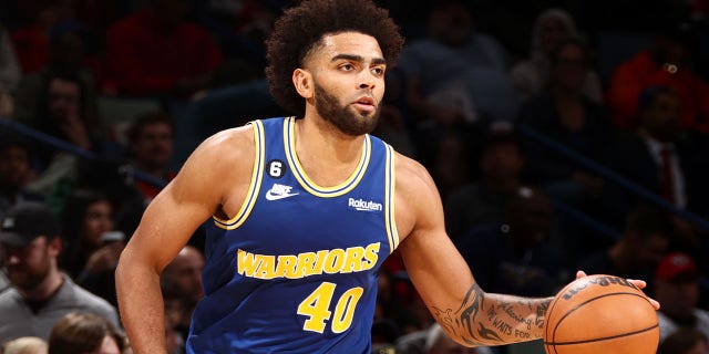 Anthony Lamb, #40 of the Golden State Warriors, dribbles the ball during the game against the New Orleans Pelicans on Nov. 21, 2022 at the Smoothie King Center in New Orleans.