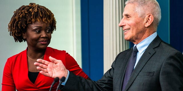 Chief Medical Advisor Dr. Anthony Fauci and White House Press Secretary Karine Jean-Pierre during the daily press briefing in the James Brady Room at the White House on November 22, 2022.