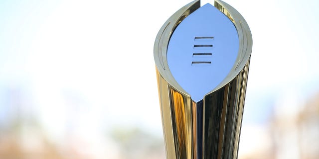 The CFP trophy during the College Football Playoff press conference and media roundtable Nov. 19, 2022, at Banc of California Stadium in Los Angeles. 