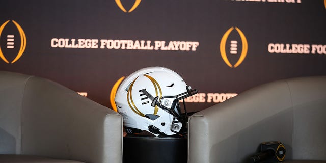 A CFP helmet during the College Football Playoff press conference and media roundtable Nov. 19, 2022, at Banc of California Stadium in Los Angeles. 