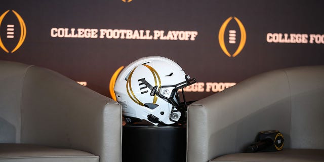 A CFP helmet during the College Football Playoff press conference and media roundtable Nov. 19, 2022, at Banc of California Stadium in Los Angeles. 