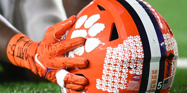 A closeup view of a Clemson Tigers helmet prior to a Clemson game against the Notre Dame Fighting Irish at Notre Dame Stadium Nov. 5, 2022, in South Bend, Ind. 