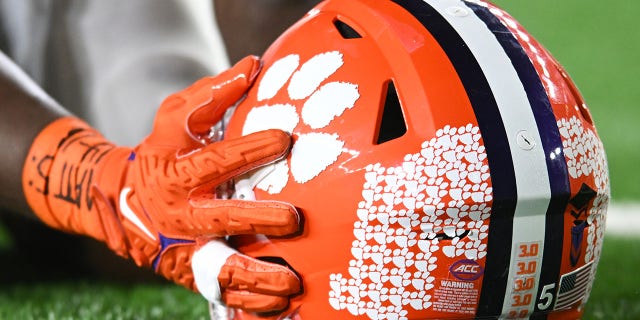 A closeup view of a Clemson Tigers helmet prior to a Clemson game against the Notre Dame Fighting Irish at Notre Dame Stadium Nov. 5, 2022, in South Bend, Ind.