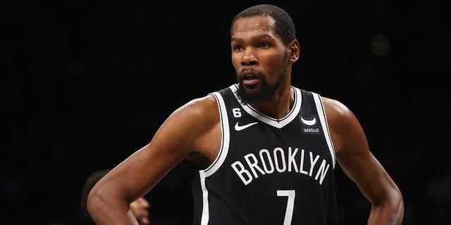 Kevin Durant, #7 of the Brooklyn Nets, in action against the Orlando Magic at Barclays Center on November 28, 2022, in New York City. 