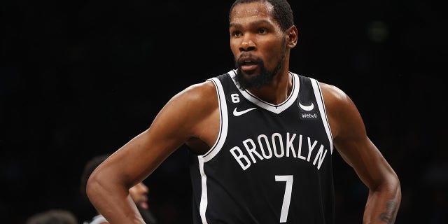 Kevin Durant, #7 of the Brooklyn Nets, in action against the Orlando Magic at Barclays Center on November 28, 2022, in New York City.