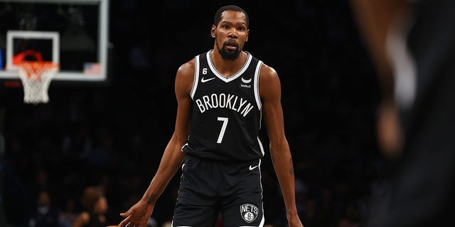 Kevin Durant, #7 of the Brooklyn Nets, in action against the Orlando Magic at Barclays Center on November 28, 2022 in New York City. 