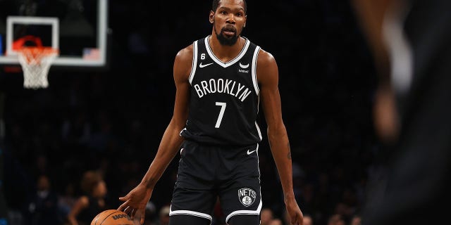 Kevin Durant, #7 of the Brooklyn Nets, in action against the Orlando Magic at Barclays Center on November 28, 2022 in New York City.