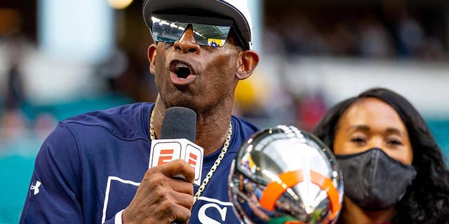 Jackson State head coach Deion Sanders speaks to the media and fans after defeating Florida A&M, 7-6, in the Orange Blossom Classic at Hard Rock Stadium on Sept. 5, 2022, in Miami Gardens, in Florida. 