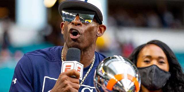 Jackson State head coach Deion Sanders speaks to the media and fans after defeating Florida A&amp;M, 7-6, during the Orange Blossom Classic at Hard Rock Stadium on Sept. 5, 2022, in Miami Gardens, Florida. 