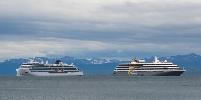 The Norwegian-flagged cruise ship Viking Polaris, left, and MV World Explorer ship, chartered by Quark Expeditions, are seen anchored in waters of the Atlantic Ocean in Ushuaia, southern Argentina, on Dec. 1, 2022.