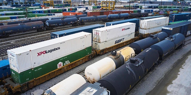 Shipping containers at a Union Pacific rail terminal in City of Industry, California, Dec. 1, 2022.